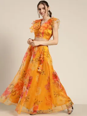 Women Yellow Organza Floral Crop Top With Anarkali Skirt