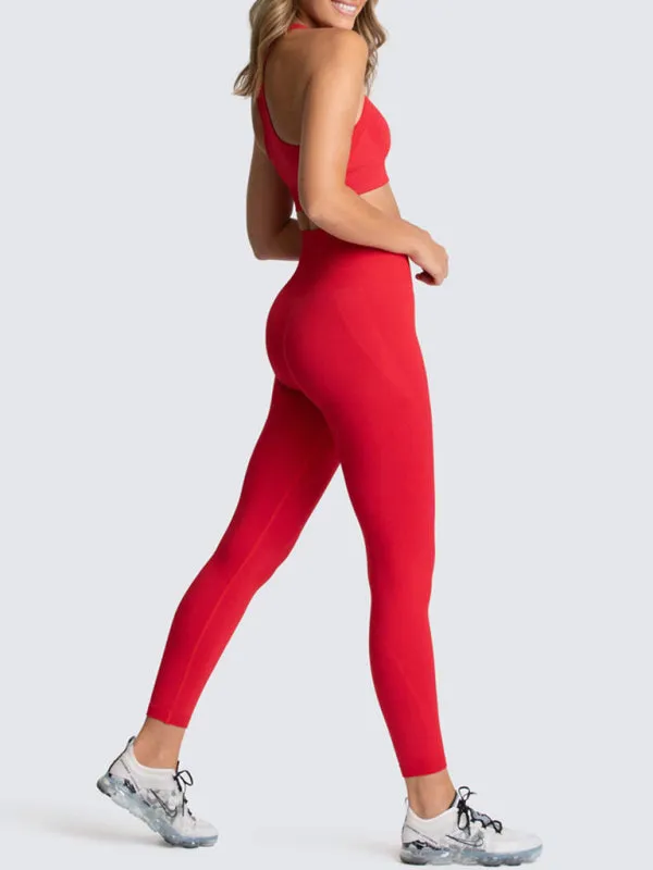 Women's Beautiful Back High Waist Peach Hip Seamless Knitted Vest Trousers Two-piece Set