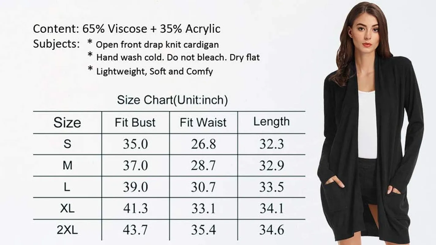 Women'S Casual Open Front Cardigan Long Knitted Sweaters Shrug with Pockets