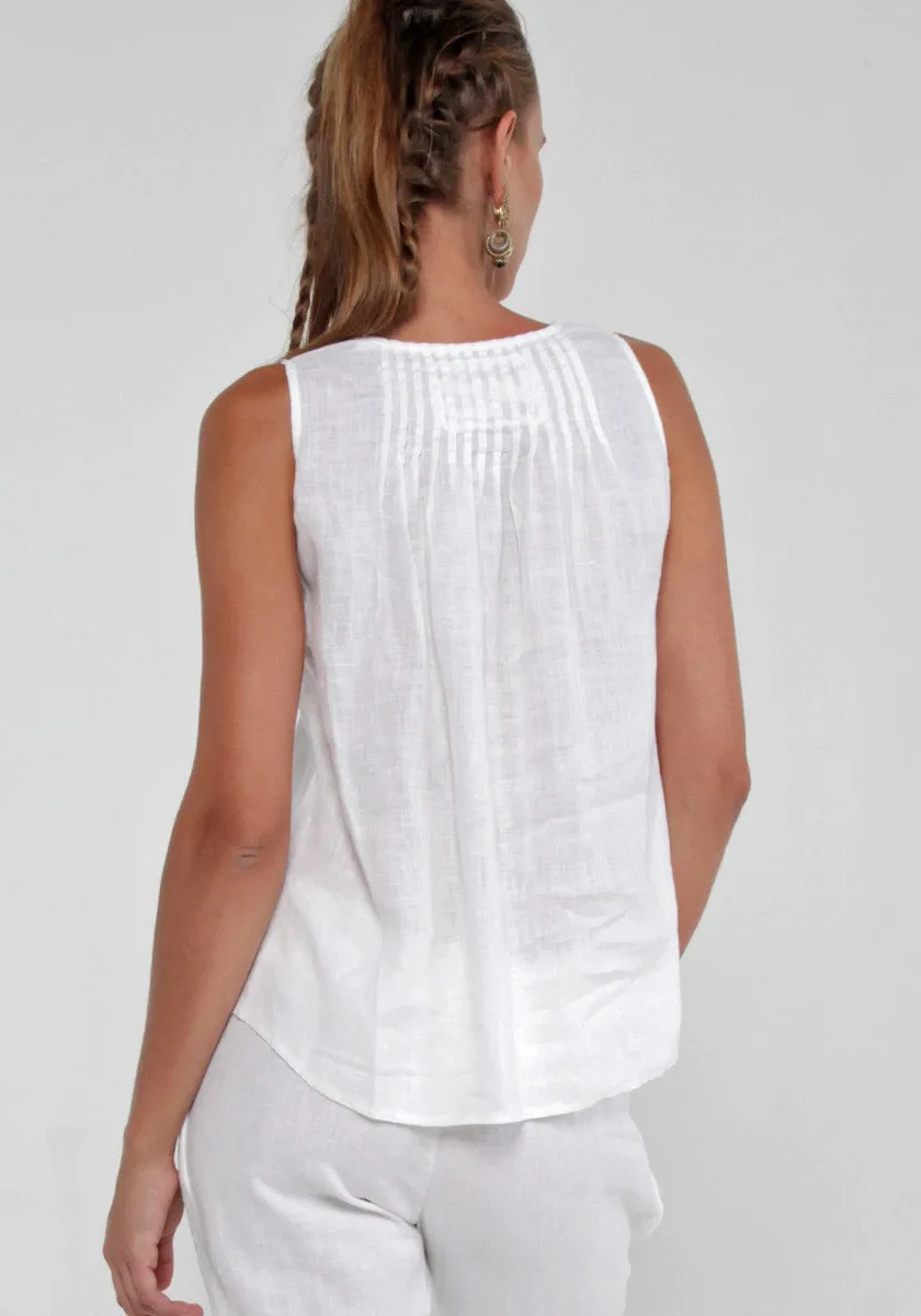 Women's Linen Tank Top with Pleats | 100% Natural Italian Style in White, Item #8016