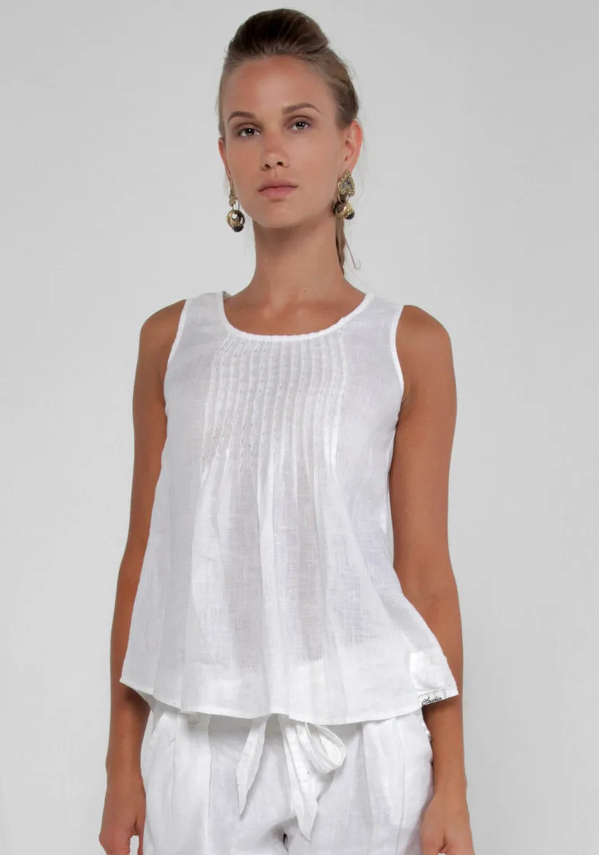 Women's Linen Tank Top with Pleats | 100% Natural Italian Style in White, Item #8016