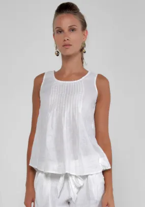 Women's Linen Tank Top with Pleats | 100% Natural Italian Style in White, Item #8016