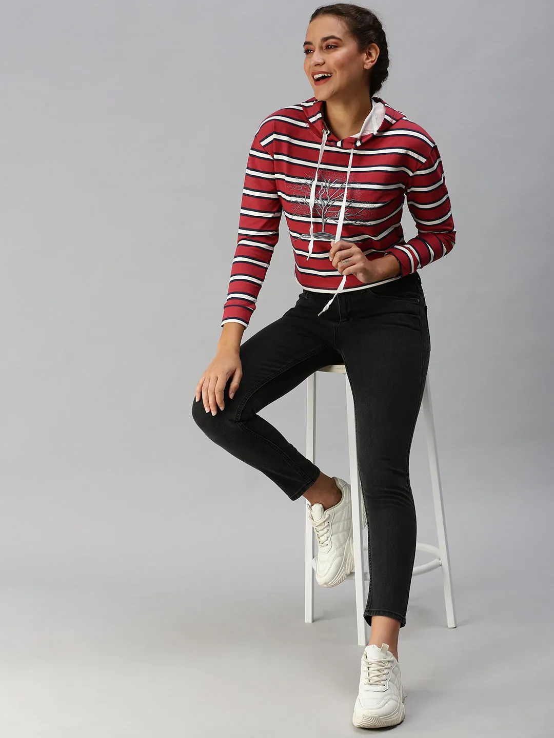 Women's Red Striped Crop Pullover Sweatshirt