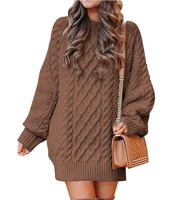 Women's Round Neck Long Sleeve Twisted Knitted Mid-length Dress Sweater