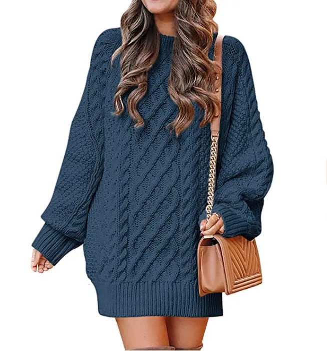 Women's Round Neck Long Sleeve Twisted Knitted Mid-length Dress Sweater