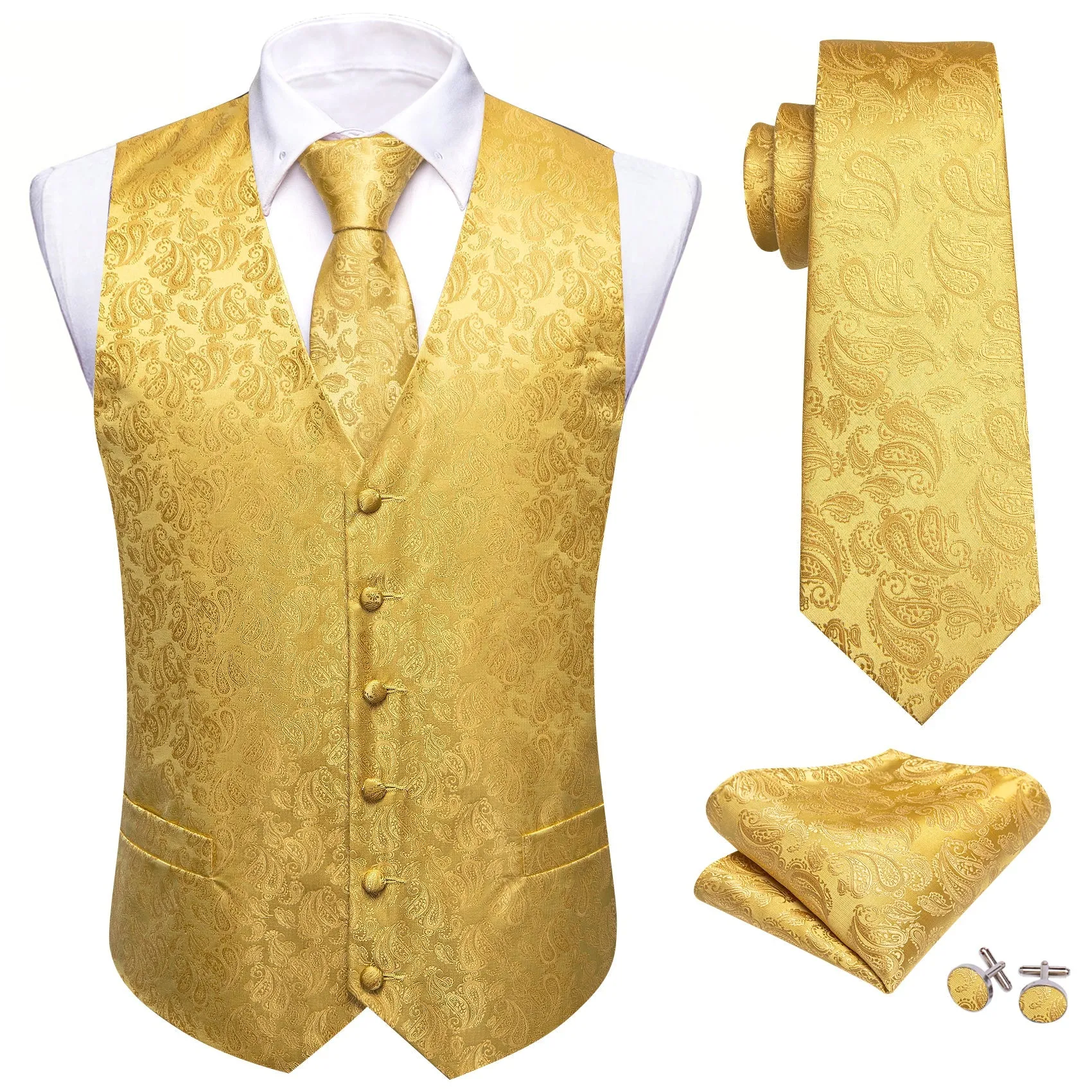 Yellow Paisley Silk Men's Vest Hanky Cufflinks Tie Set