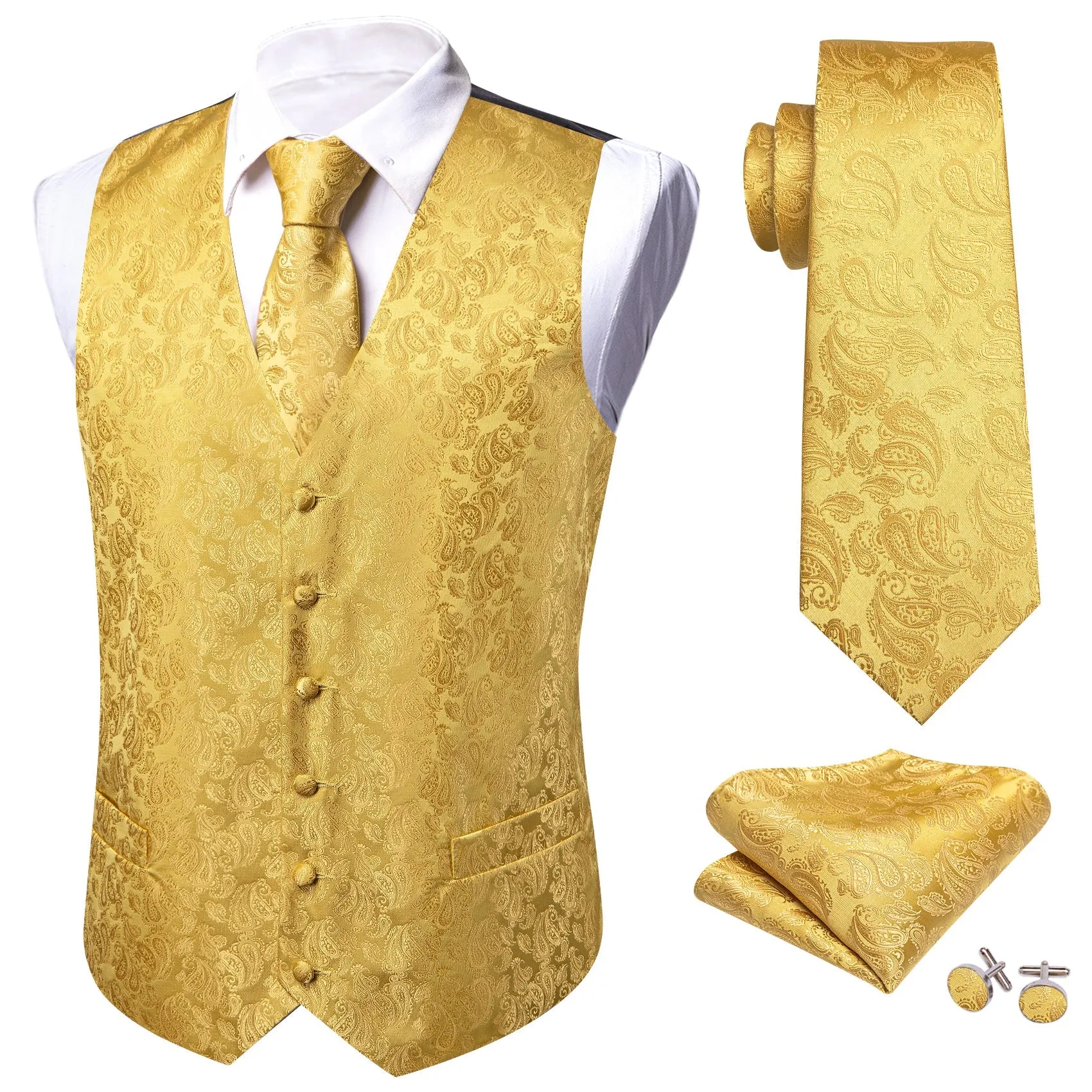 Yellow Paisley Silk Men's Vest Hanky Cufflinks Tie Set