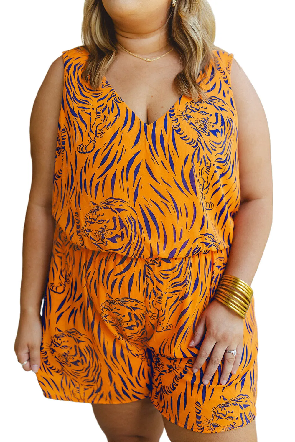 Yellow Plus Size Tiger Print Sleeveless V Neck Romper